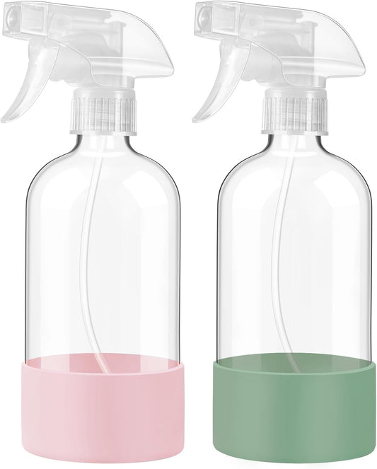 JohnBee Glass Spray Bottles with Silicone Sleeve, 2 Pack16 oz Empty Refillable Containers with Adjustable Spray Nozzles, Spray Bottles for Hair, Cleaning Solutions and Plants Olive Green&Pink