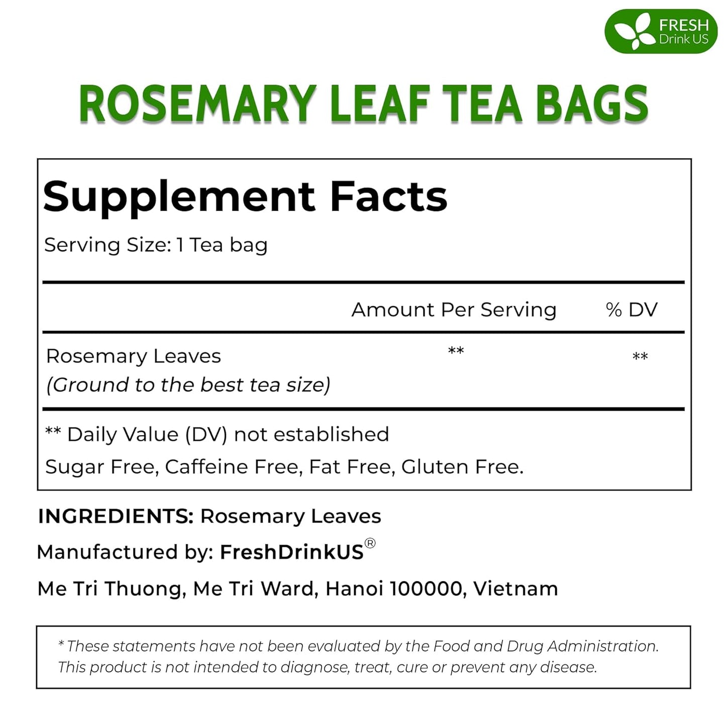FreshDrinkUS, Premium 40 Rosemary Leaf Tea Bags, 100% Natural and Pure Rosemary Dried Leaves, Pure Rosemary Herbal Tea, No Additives, No Caffeine, No Gluten, Vegan.
