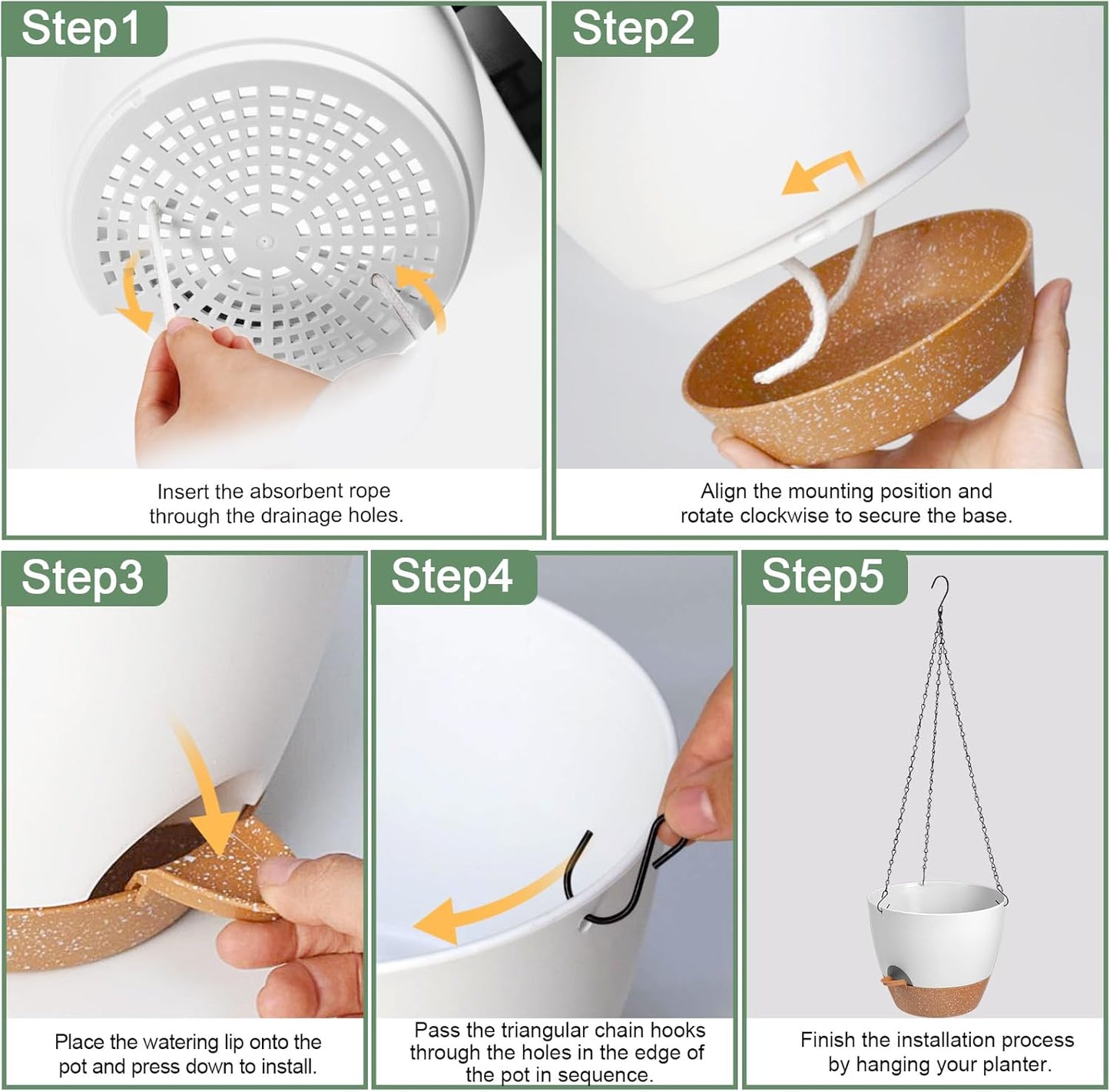 10/9/8 Inch Hanging Planter for Indoor Outdoor Plants, 3 Pack Self-Watering Hanging Pot with Drainage Holes Hanging Planter Baskets Plant Pots with Removable Tray (White+Brown)