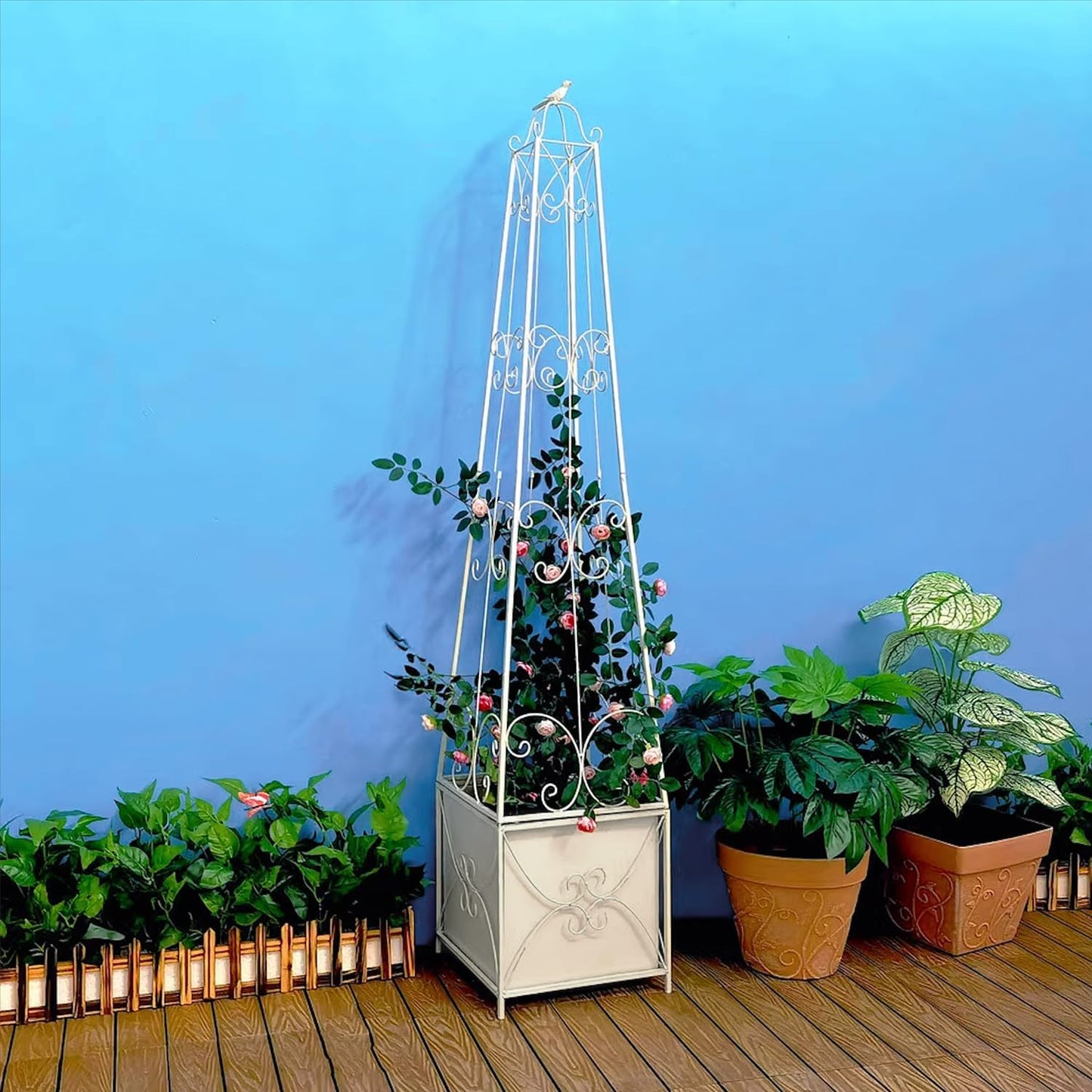 Sungmor 59 Inch Tall Distressed White Garden Obelisk Trellis with Planter Box - Metal Climbing Support for Roses/Clematis/Vines/Ivy, Decorative Outdoor/Indoor Potted Plant Stand Growing Box