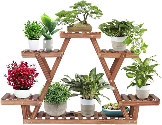 Ufine Wood Plant Stand Triangular Plant Shelf Multi Tier Flower Display Holder Storage Rack 6 Pots for Indoor Outdoor Living Room Balcony Patio