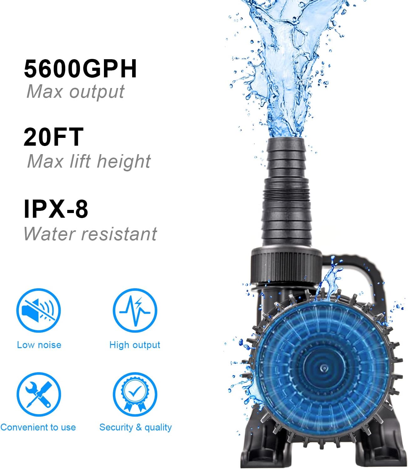 OYO WATER Outdoor Large 5600gph-305W 32.8FT Pond Water-fall & Kio Fish Fountain-s &Garden Pump Submersible IPX8: Long 32.8FT Cord Smart-er & Quieter Duck & Yard &Patio Ponds Pumps, 1 Barrier Pump Bag