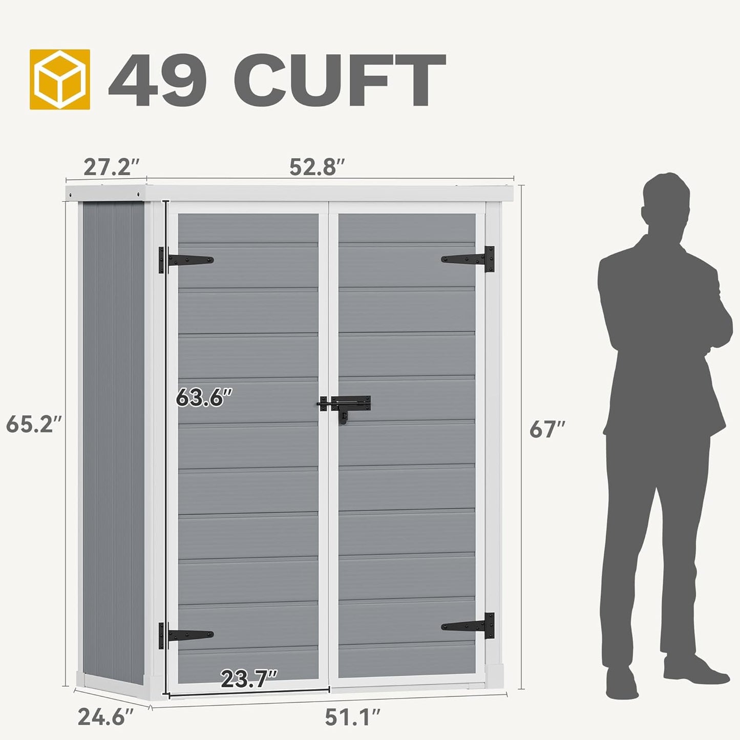 DWVO Outdoor Vertical Storage Shed with 2 Shelves, 49 Cu Ft Waterproof Resin Garden Shed with Floor & Lockable Door, Plastic Tall Tool Cabinet for Garbage Cans, Lawn Equipment, Garden Supplies (Gray)