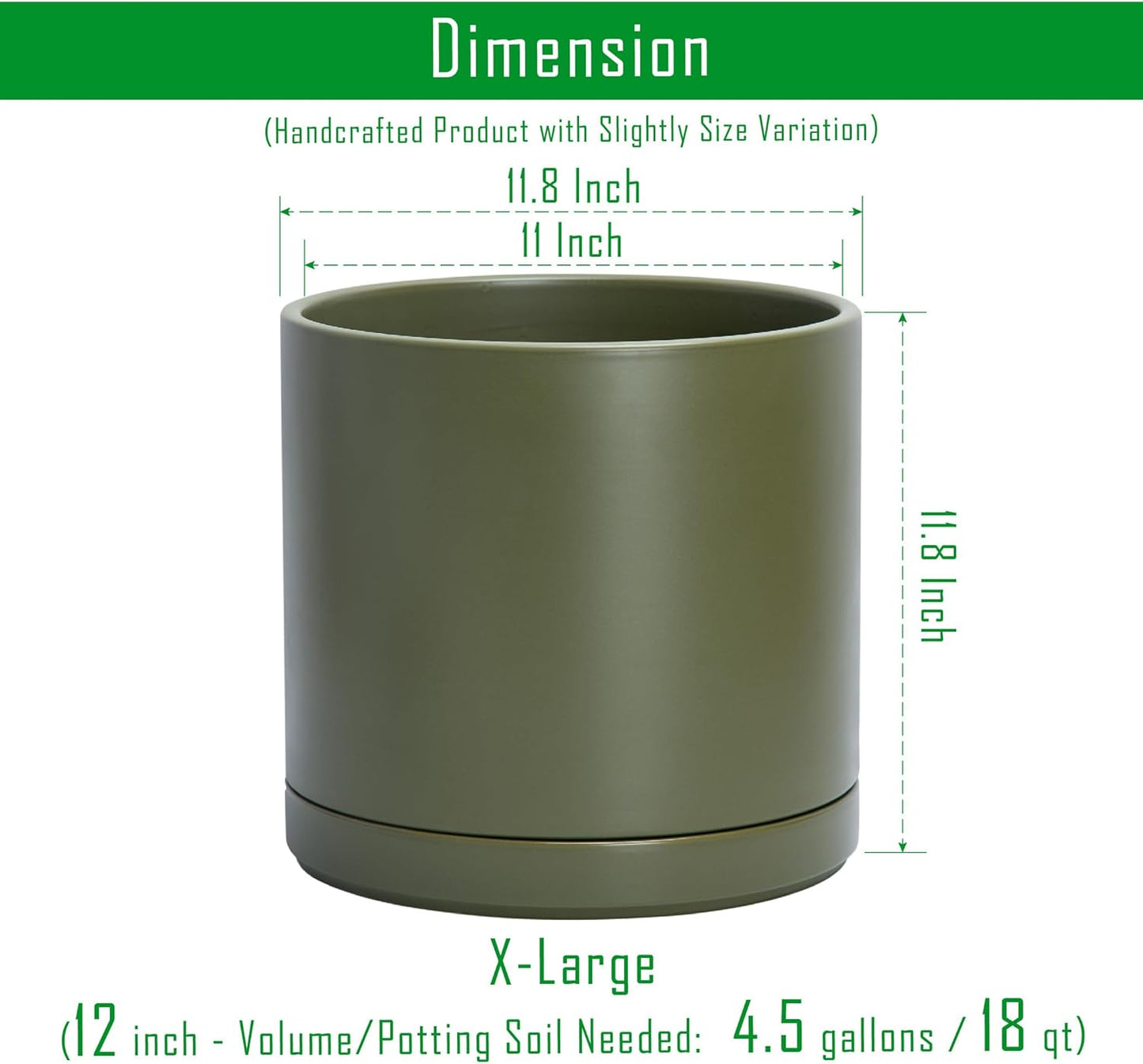 D'vine Dev 12 Inch Ceramic Planter Pot with Drainage Hole and Saucer, Indoor Cylinder Round Planter Pot, Olive, 94-O-F-J