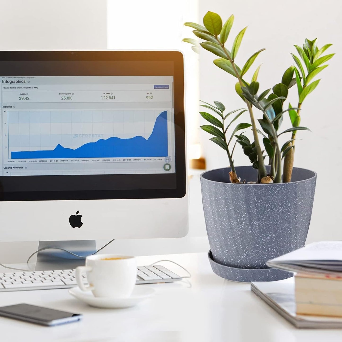 7 Inch Plant Pots Bulk, 6 Pack Plastic Planters with Drainage Holes and Saucers for Indoor Outdoor House Plants and Flowers, Grey