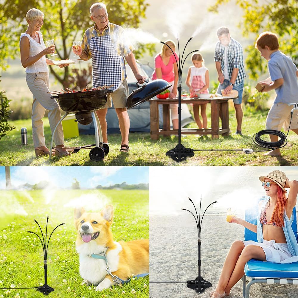 UR Forest Updated Standing Misting Cooling System 26FT Misting Line + 4 Brass Misting Nozzles,4 Height Option, Stand Mister Hose for Outside Outdoor Patio, Pet Cooling, Kids Water Playing