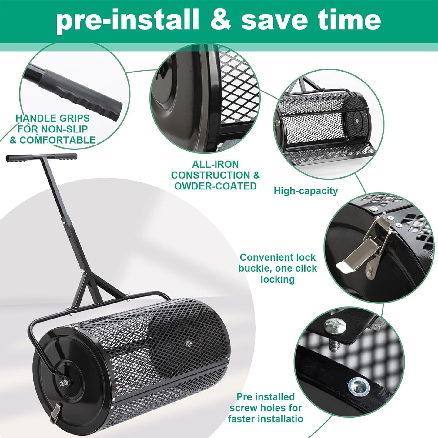 Compost Spreader, Durable Lawn Roller, Manure Spreader with Upgrade T Shaped Handle,Top Soil Spreader for Lawn and Garden Care Manure Spreaders Roller (T-Black-L)