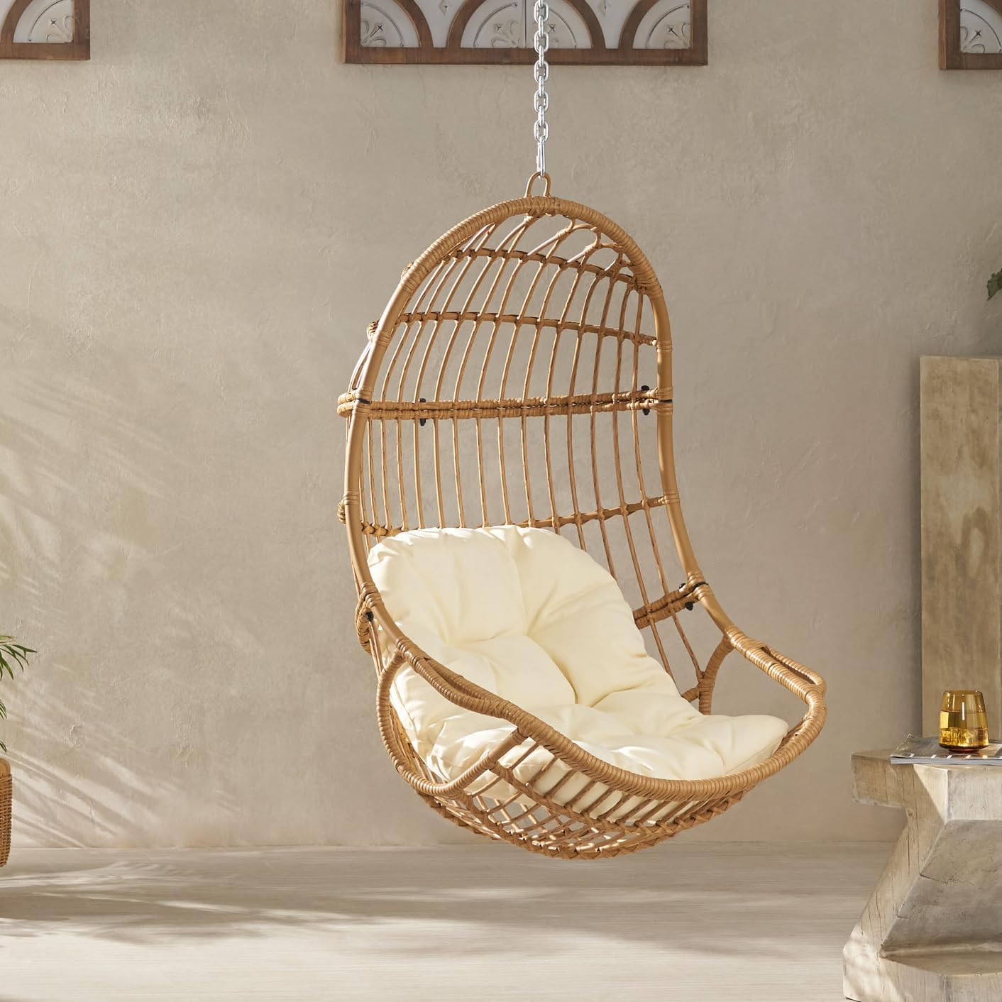 Christopher Knight Home Mariah Wicker Hanging Chair with Cushion, Outdoor Indoor Basket Chair, Boho Garden Lounger Porch Swing Furniture, Modern Patio Decor, Light Brown and Beige