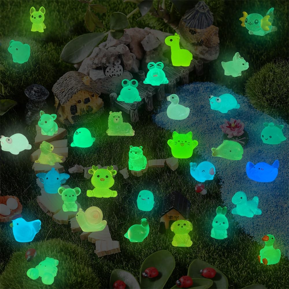 131pcs Luminous Mini Resin Animals, Glow in The Dark Tiny Small Little Animal Ducks Figures to Hide Miniature Figurines for Dollhouse Garden Micro Landscape Aquarium Decorations DIY Crafts