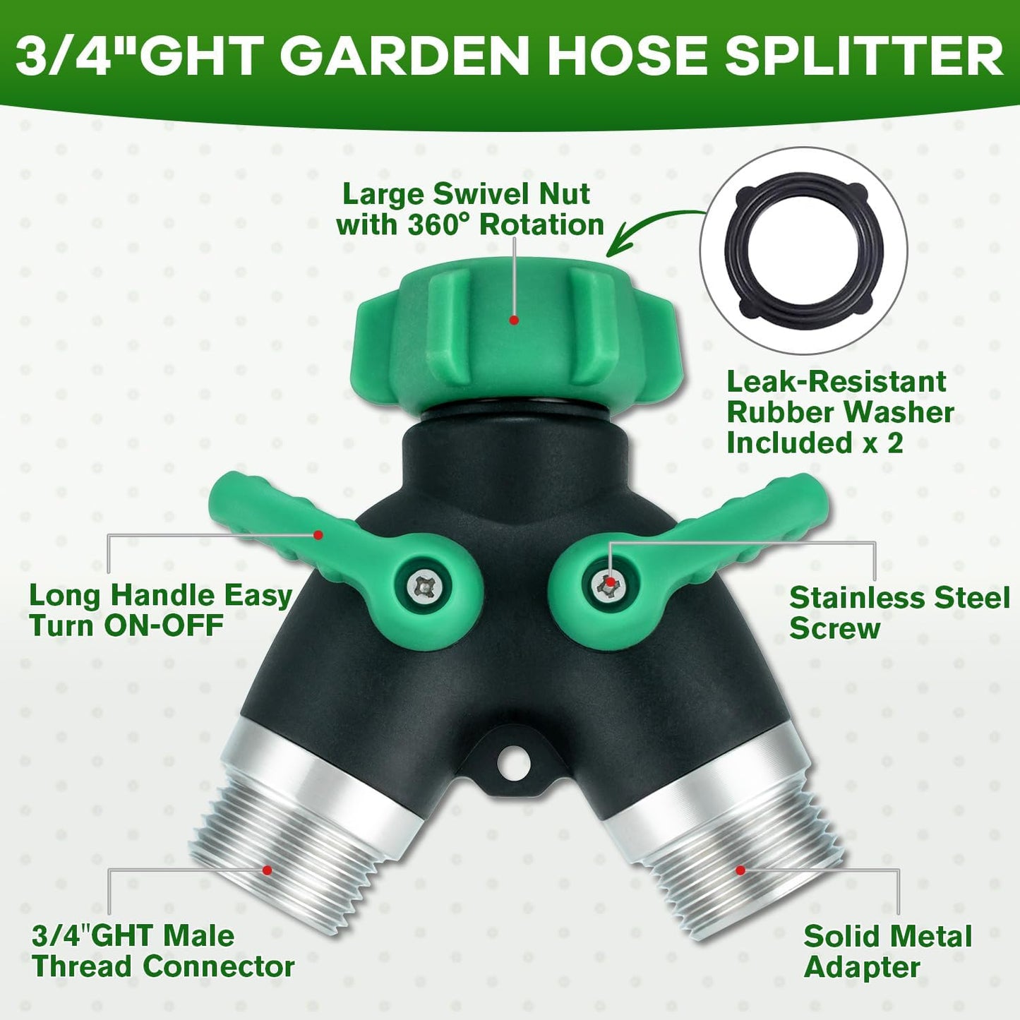 Garden Hose Splitter 2 Way, 304 Stainless Steel Hose Splitter 2 Way Heavy Duty, 3/4" Full Flow Y Valve Water Hose Splitter, Outdoor Faucet Splitter Y Connector for Garden Hose