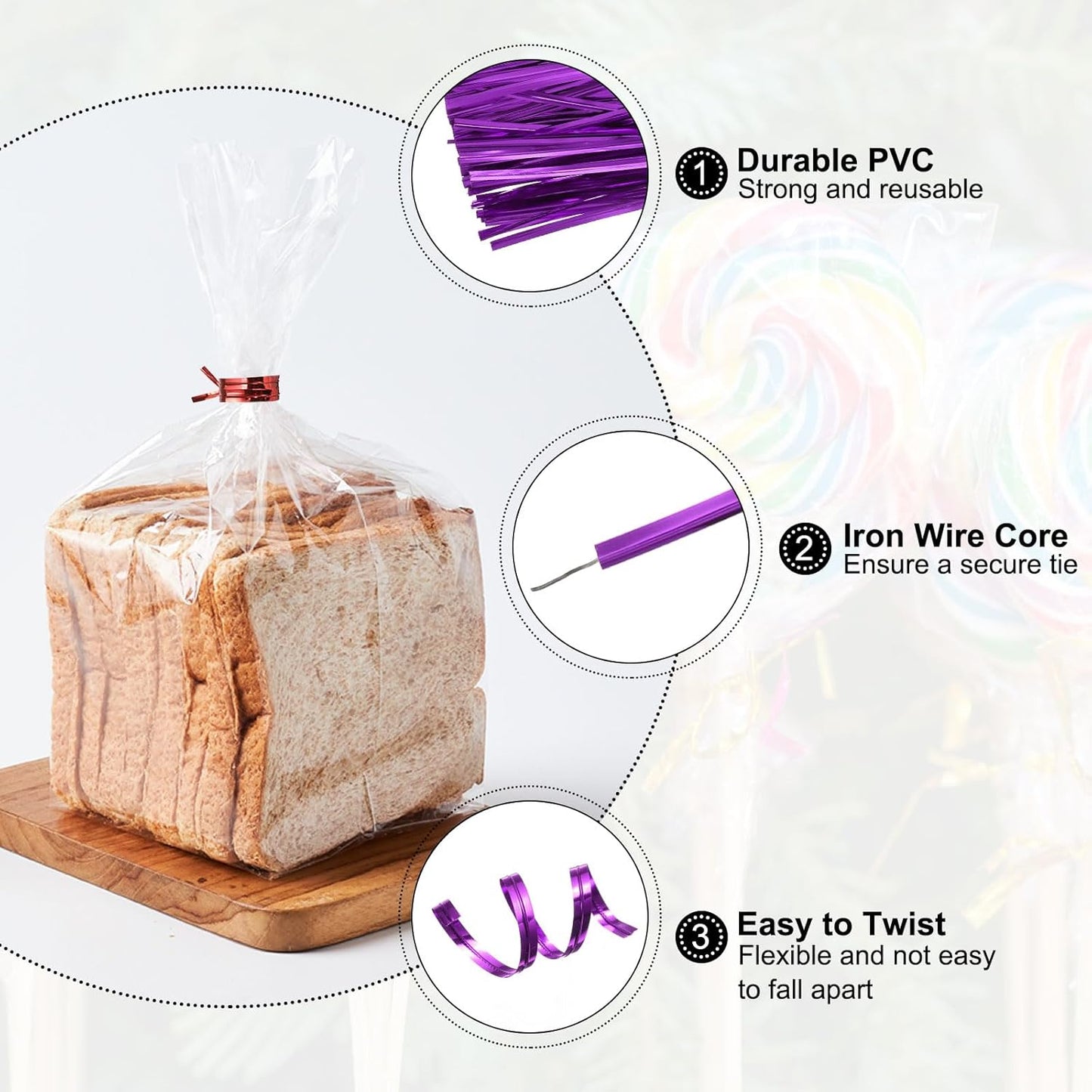 HARFINGTON 800pcs Bag Twist Ties 4" Reusable Plastic Metallic Twist Ties Wire Cable Ties for Party Bread Candy Cake, Purple