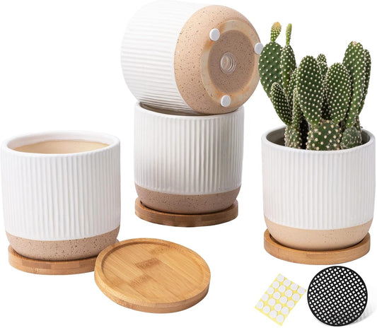 AOMRYOM 4 Inch Small Ceramic Plant Pots with Drainage Hole and Saucer, Modern Flower Planter for Succulent, Indoor Plants, Cactus, Herbs, White, Set of 4 (Plant Not Included)