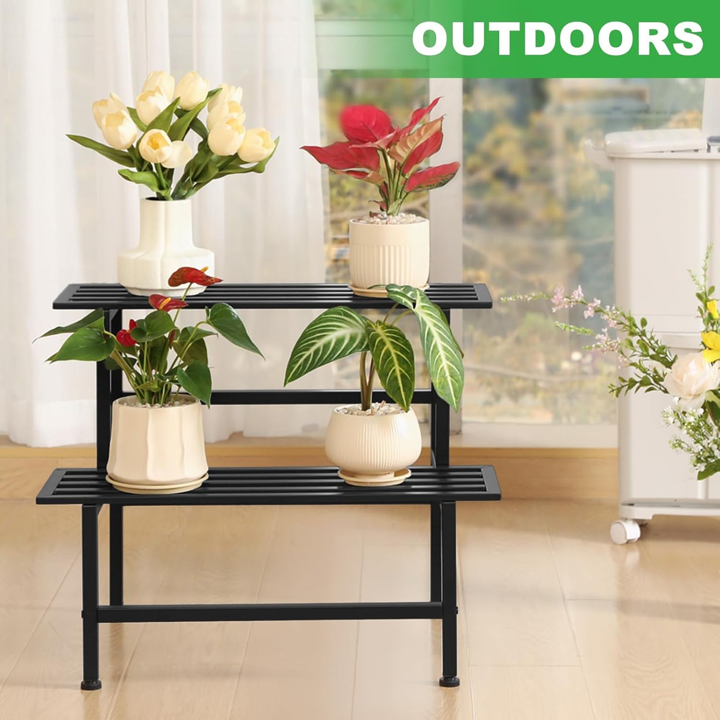 Metal Plant Stand Outdoor Plant Shelf Indoor,2 Tier Heavy Duty Ladder Plant Stands for Multiple Plants,26" L x 20.25" H x 17.75" W,Black