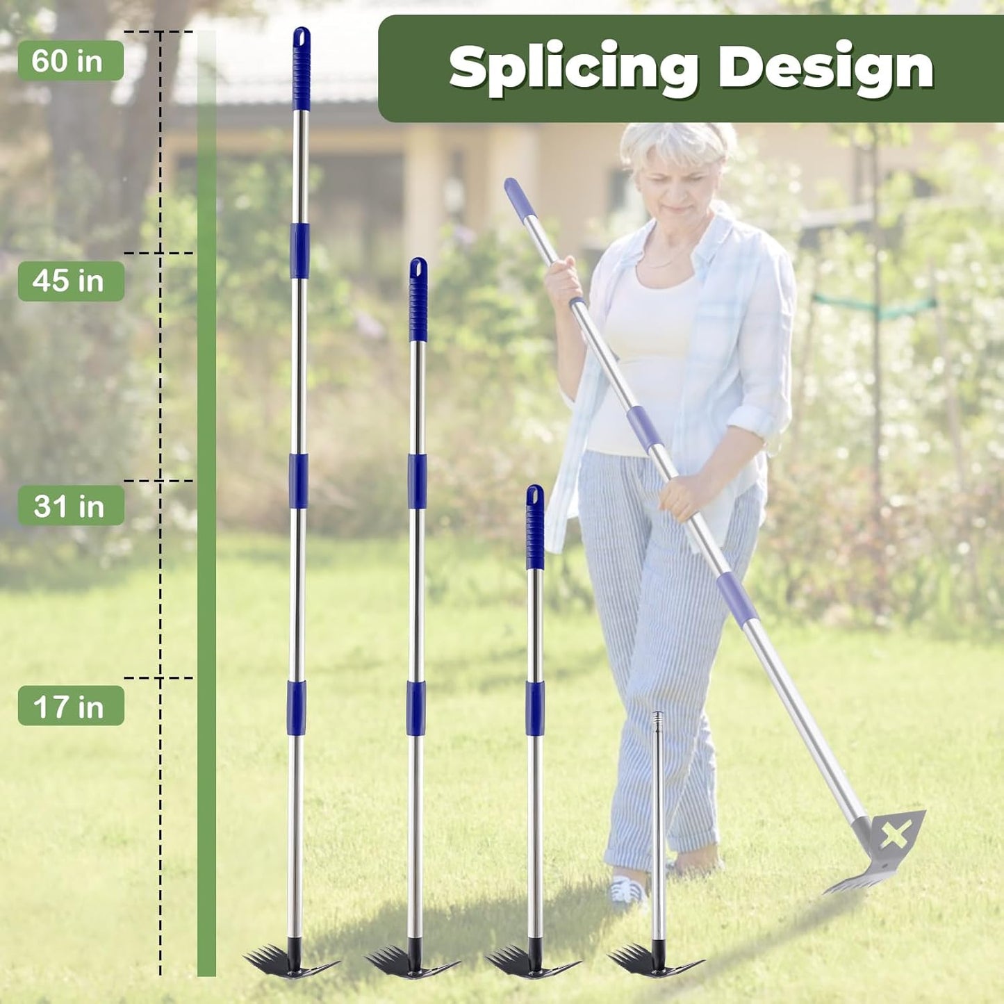 Weed Puller Tool with Long Handle, 60'' Weed Remover Weeding Tool, Heavy Duty 2 in 1 Manual Weed Rake and Garden Hoe, Gardening Weeder Tools for Yard, Lawn, Patio, Garden Blue