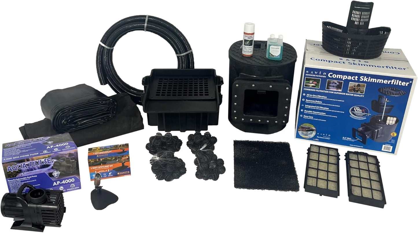 HALF OFF PONDS Savio Select 4,000 GPH Submersible Pump Pond Kit with 20' x 25' PVC Plastic Pond Liner for Water Garden & Koi Pond