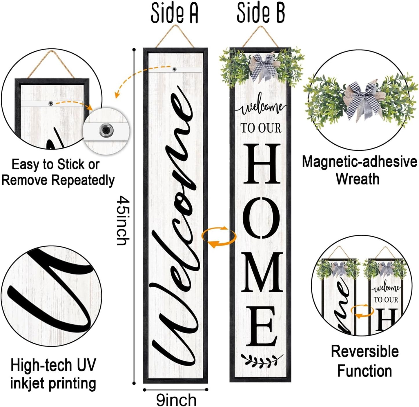 Double-sided Welcome to Our Home Wooden Sign Stand with Magnetic-adhesive Wreath for Front Door, 47" Vertical Farmhouse Welcome Porch Sign, 2in1 Large Tall Porch Leaner Decor for Outdoor Patio Garden