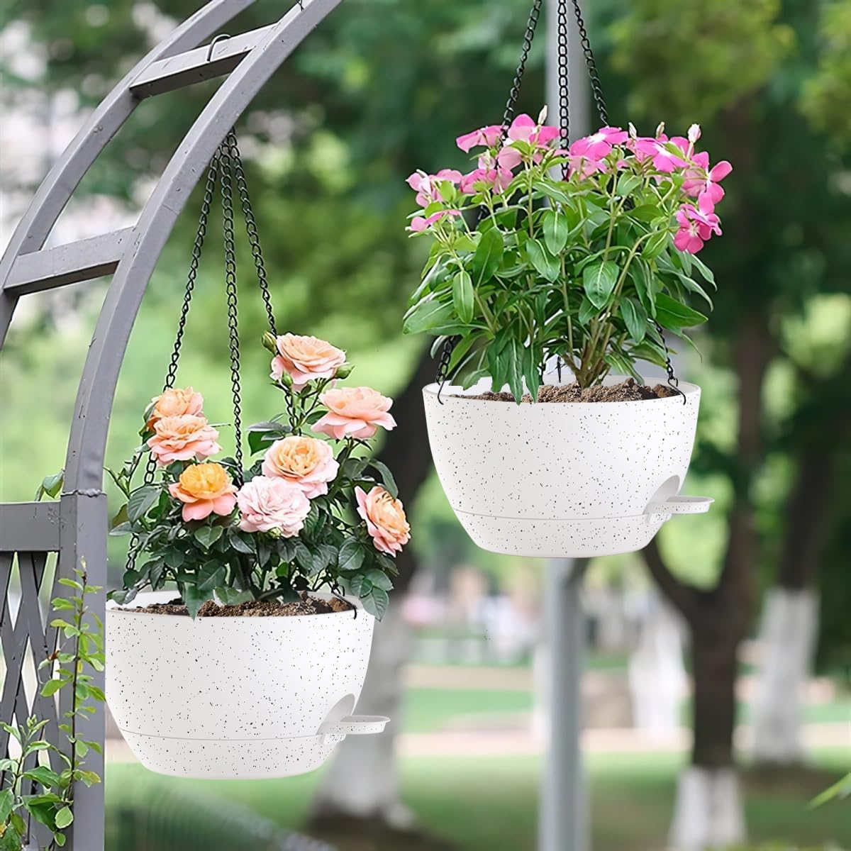 12 Inch Hanging Baskets 2 PC with Chains, Self-Watering Hanging Planters for Indoor Outdoor Plants, Plastic Hanging Flower Pots,Speckled White