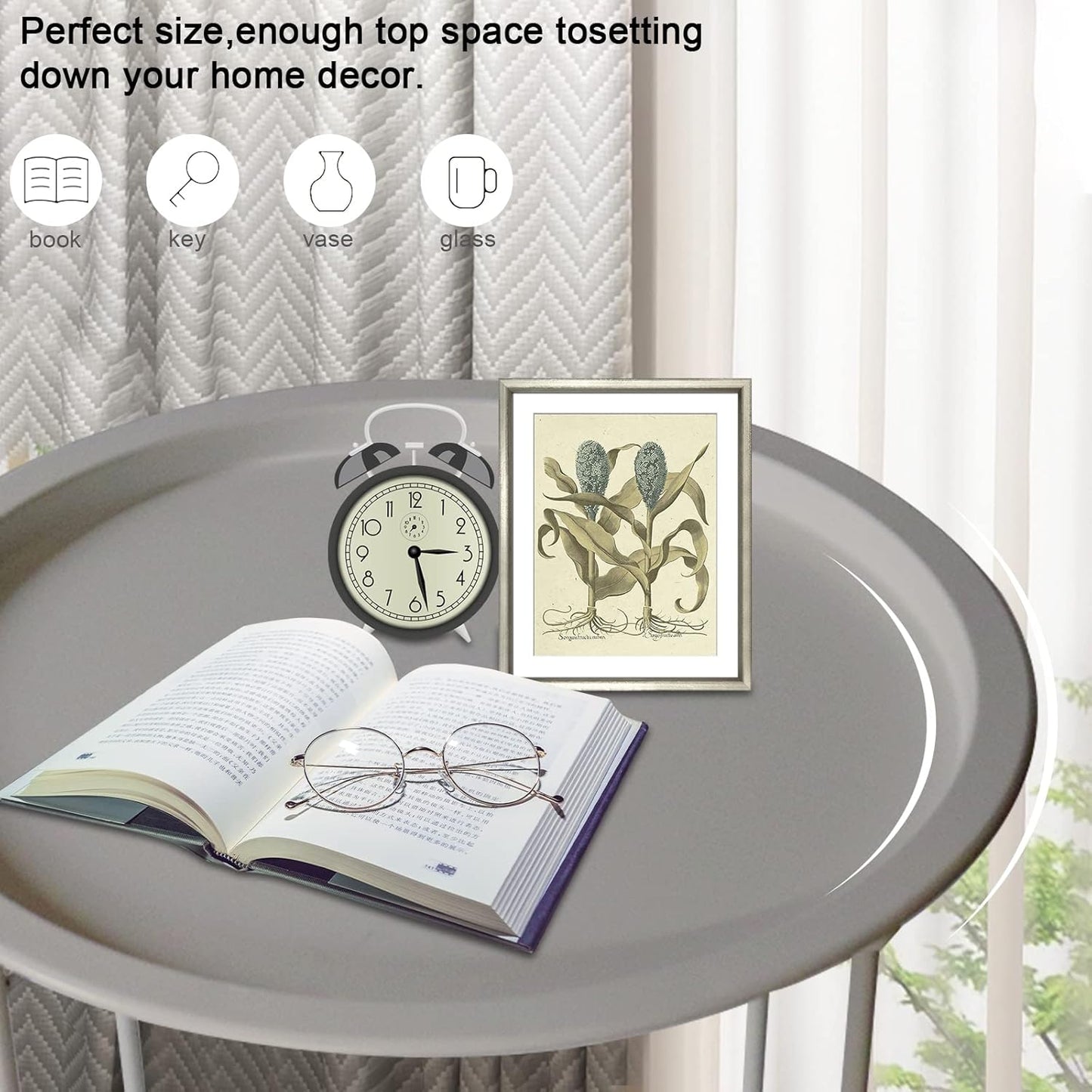 Garden 4 you End Table Metal Side Table Grey Round Folding Tray Cyan Sofa Small Accent Fold-able Table, Round End Table Tray, Next to Sofa Table, Snack Table for Living Room and Bed Room