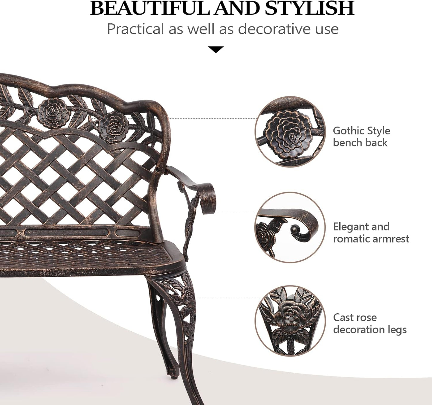 VINGLI 42.5" Patio Garden Bench Outdoor Metal Rose Loveseat, Cast Iron Cast Aluminium Frame Antique Finish Park Chair, Accommodates 2-3 People