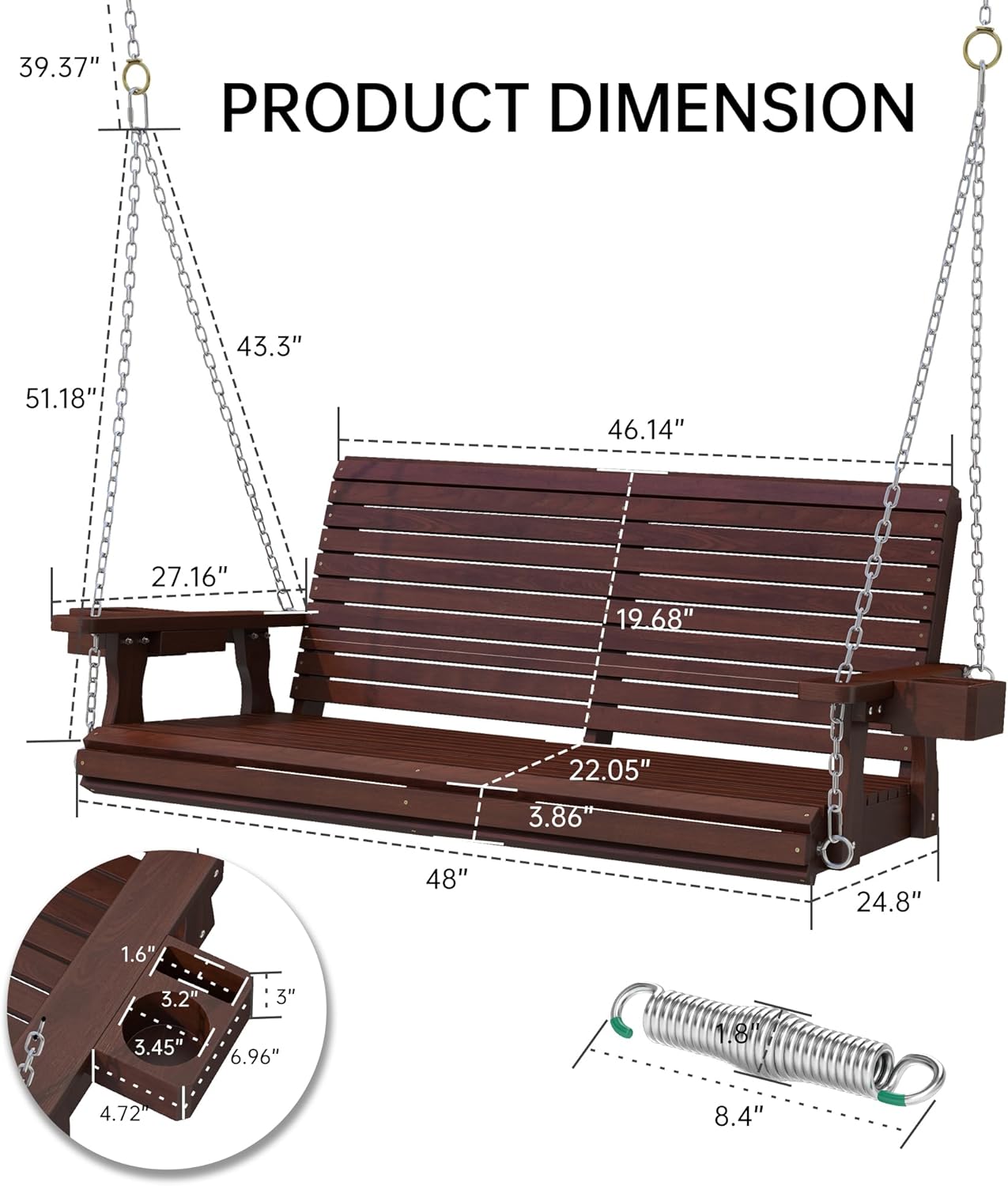 Wooden Outdoor Porch Swings, 2 Seater Front Porch Swing with Upgraded 22" Deep Seat, Heavy Duty 880 Lbs Swing Bench Chair for for Patio, Backyard, Garden (Brown, 4 FT)