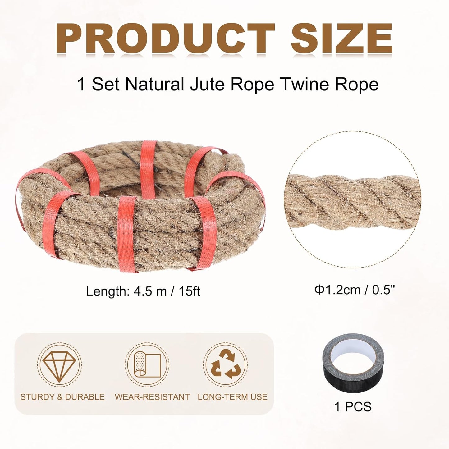 MECCANIXITY Jute Rope 0.5 Inch x 15ft, Thick Twine Rope Ropes Braided Jute Twine Natural Brown Burlap Cord String Heavy Twisted with Tape for Decorative Crafts Railing Swing Tug of War