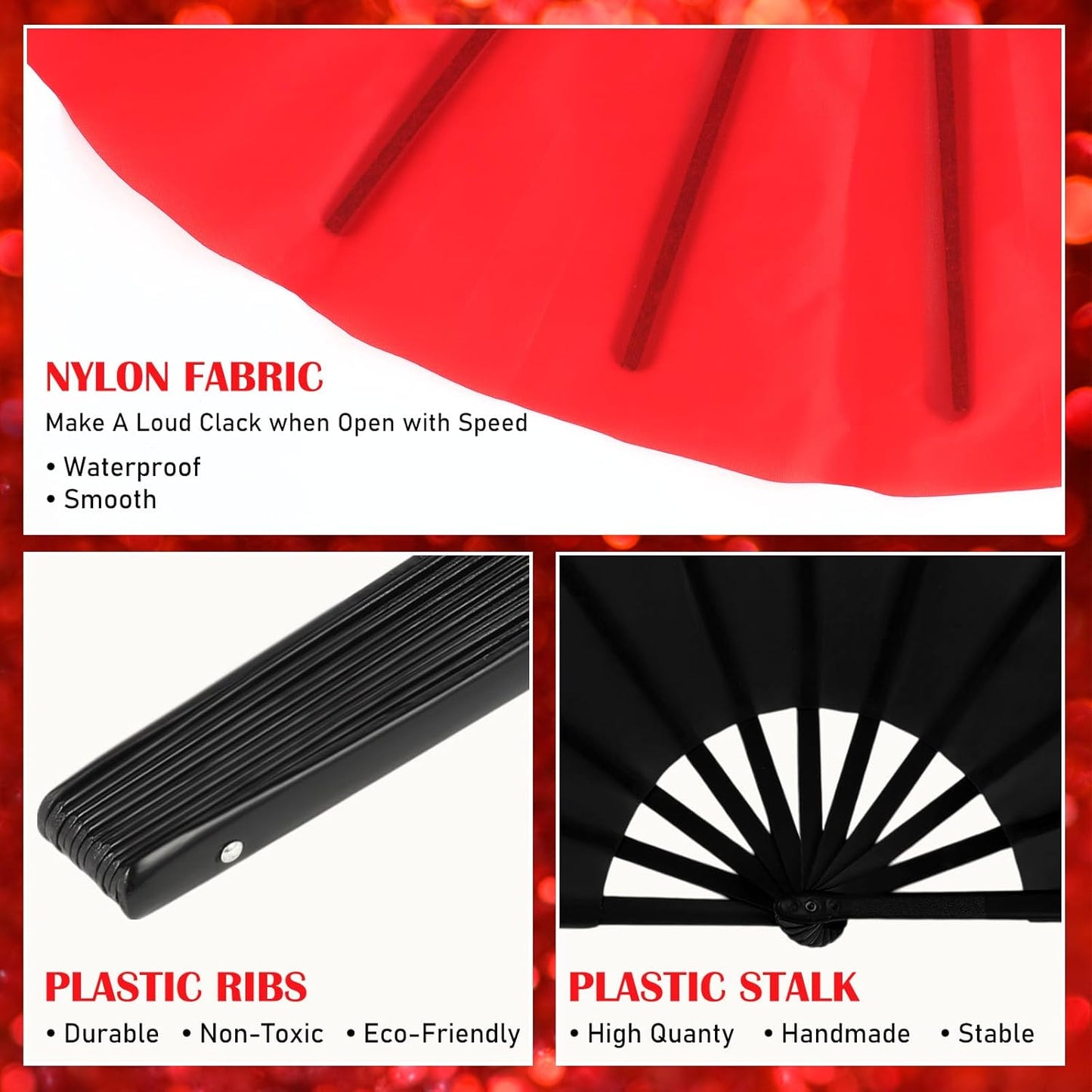 Maitys 2 Packs Large Clap Fans for Line Dancing Large Chinese Folding Hand Fans for Men and Women, Festival, Tai Ji, Kungfu, Martial Art, Gifts (Black and Red)