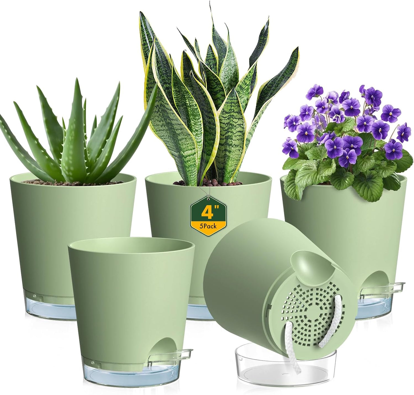 4 inch Self Watering Pots for Indoor Plants, 5 Pack Small Flower Plant Pots with Drainage Holes and Clear Reservoirs, Visible Water Level, Plastic Planters with Wicking Rope, Green