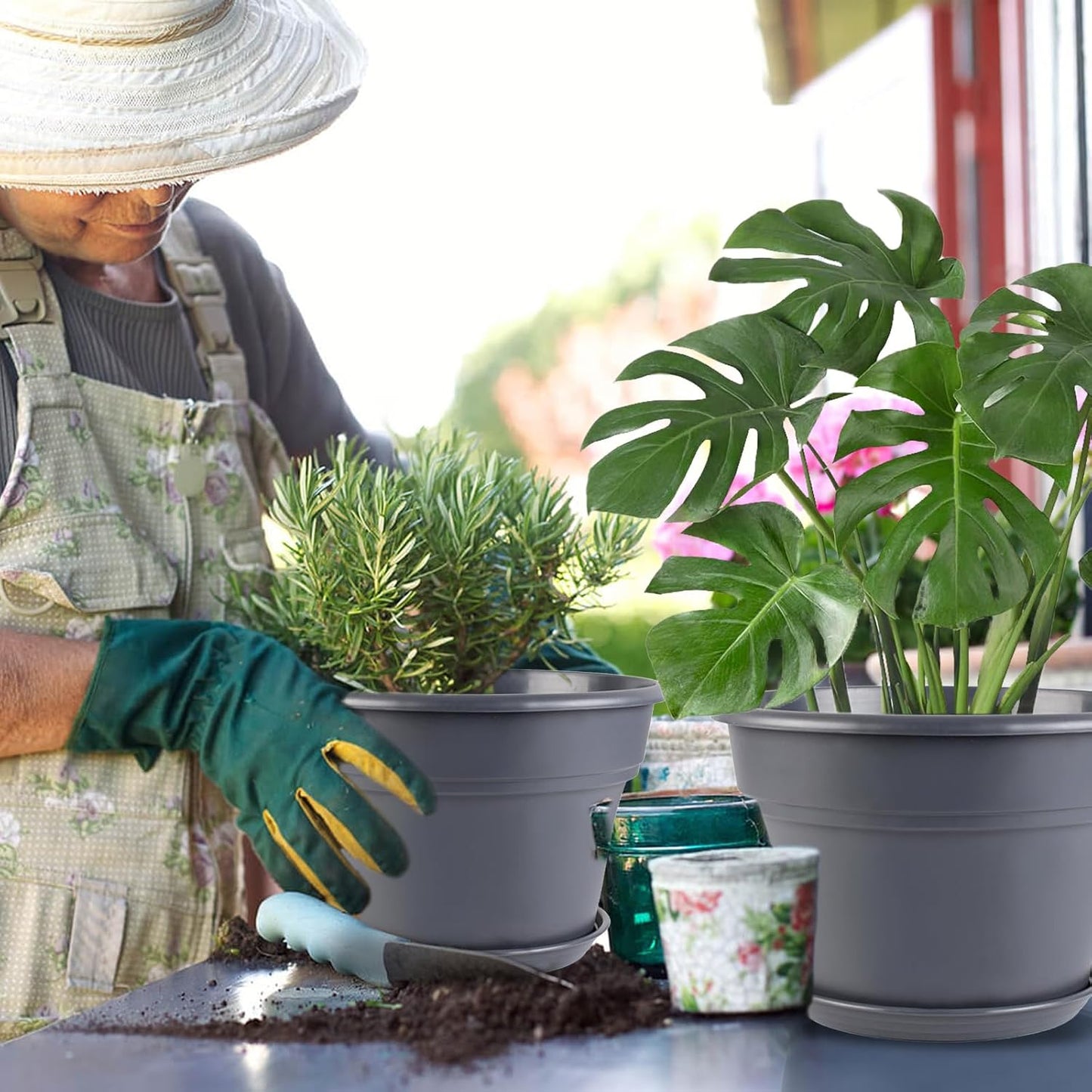 13-inch-Plant-Pots, 4 Pack Large Planters for Outdoor Plants, Plastic Flower Pots Indoor with Drainage Holes & Trays, Classic Garden Pot Container for House