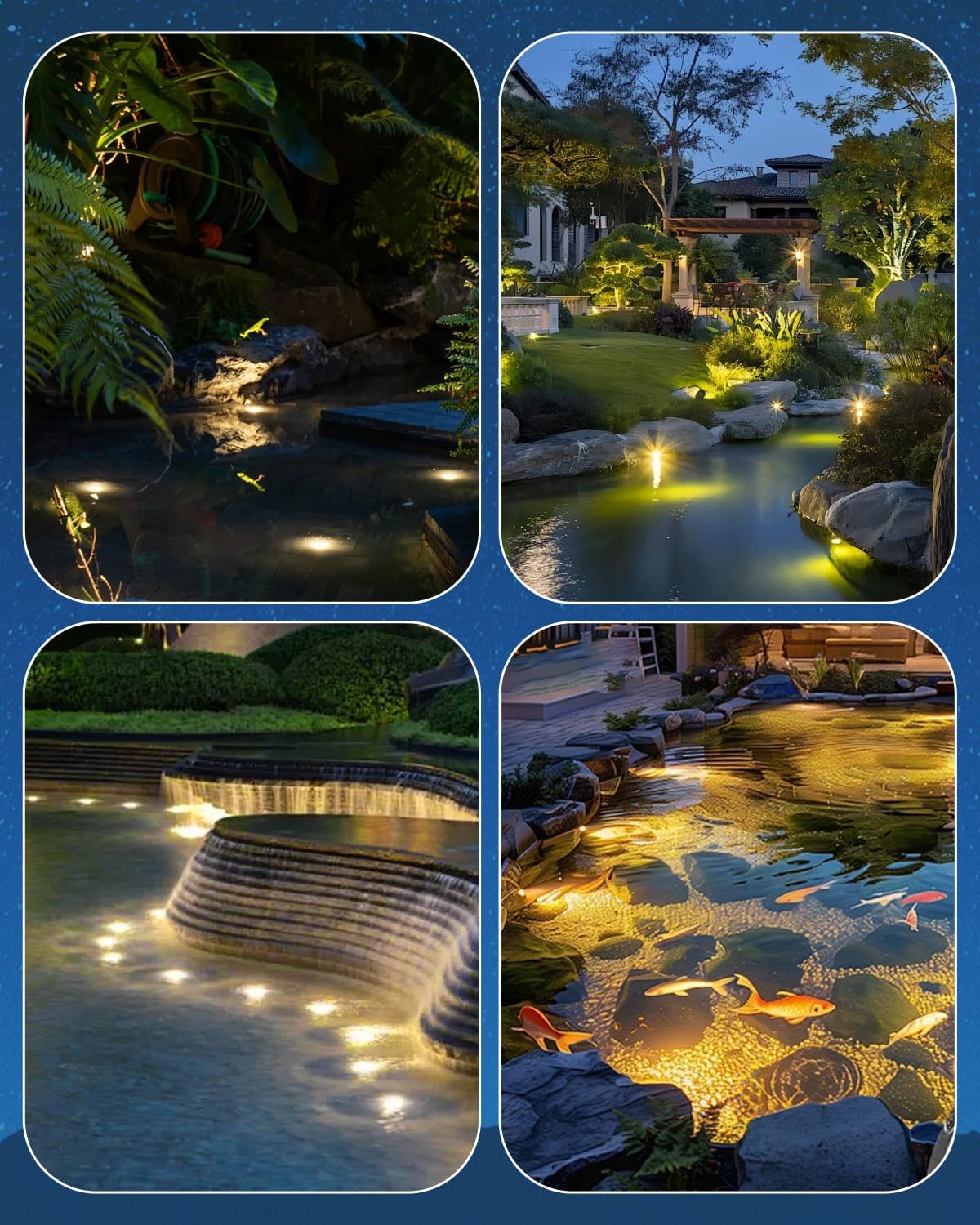 HIBOITEC Pond Lights 3W LED IP68 Waterproof Underwater Lights with UL Cord Warm White 2700K Low Voltage Landscape Lighting for Fountain Pool Compatible 12-24V AC/DC 4Pack