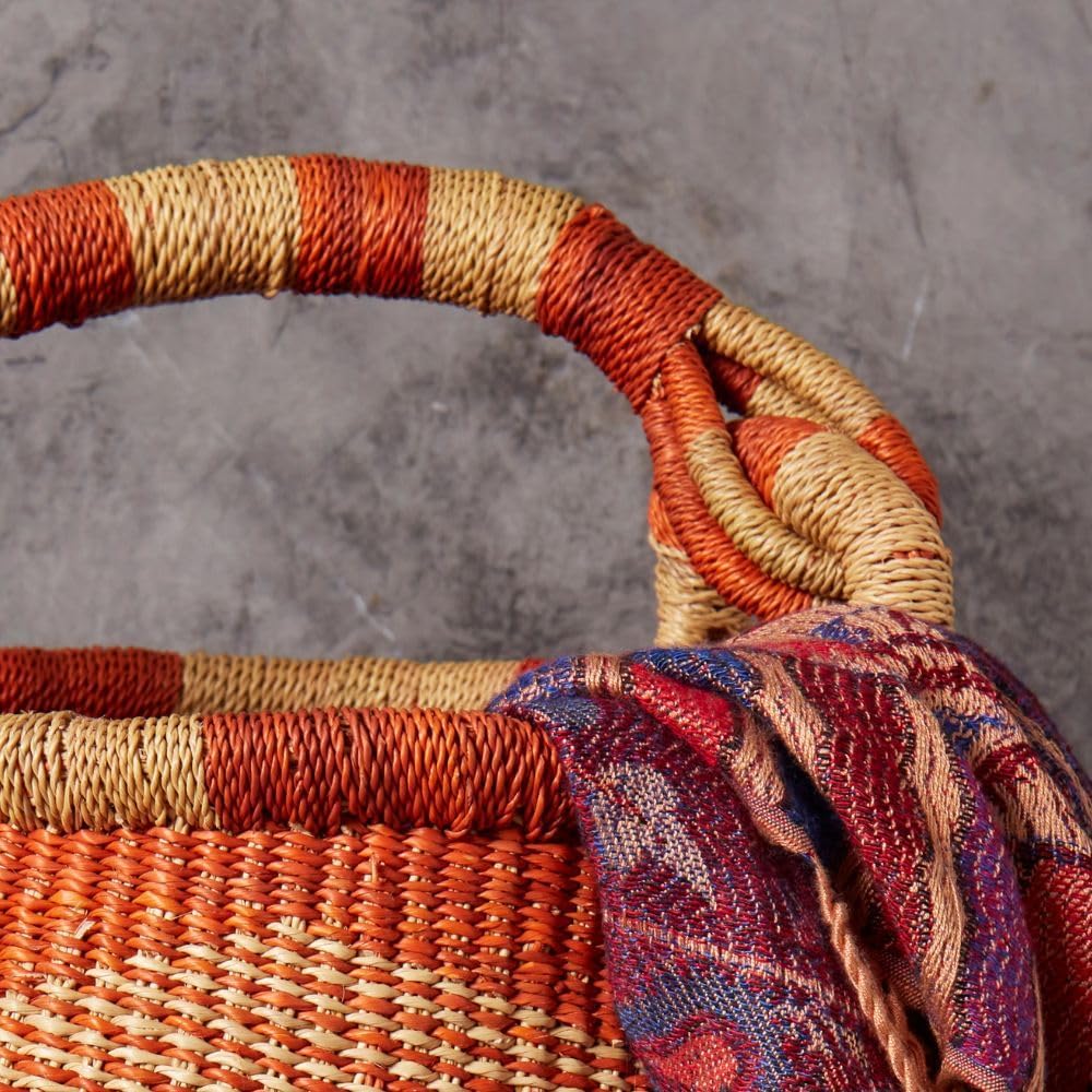 Home & Kitchen Decor, Wicker Basket, Picnic Basket, Living Room Basket, Organizing, Harvesting, Foraging, Fruit Storage, Hand Woven, Pot Shape, 16" Wide, Boho - Orange