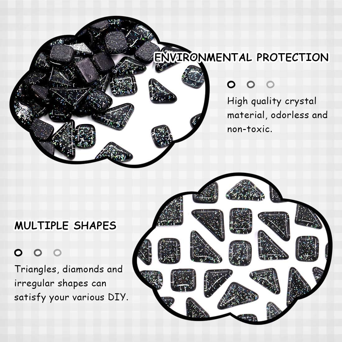 Swpeet 1 Pound Black Shine Crystal Series Mosaic Tiles Assortment Kit, Square and Triangle Genuine Mosaic Tiles Glitter Crystal Mosaic Perfect for Home Decoration Crafts