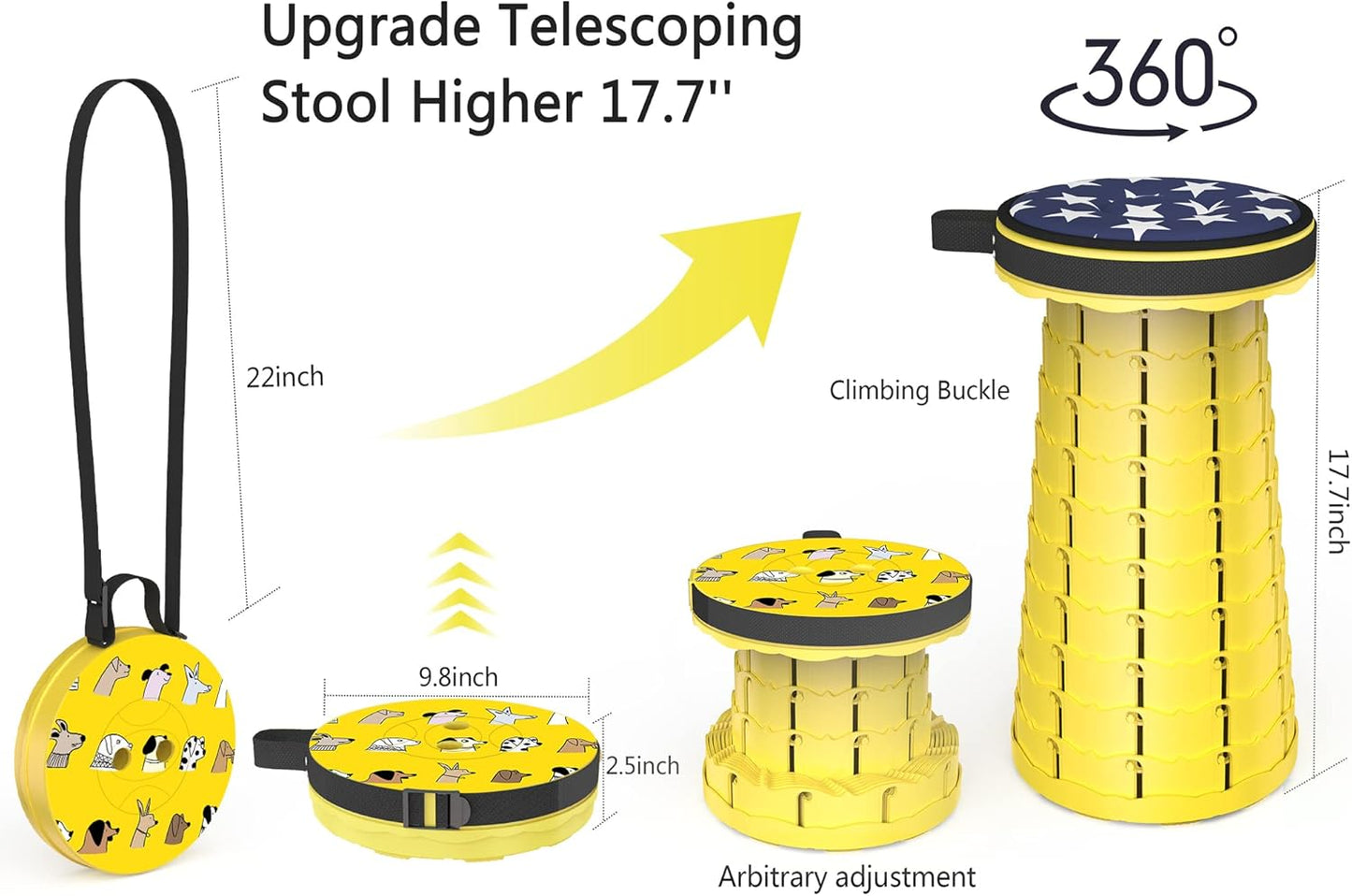 ALEVMOOM Upgraded Telescoping Collapsible Stool with Cushion, Folding Stool with Printing Portable Retractable Foldable Seat Max Load 550lbs for Adults Camping Fishing Outdoor