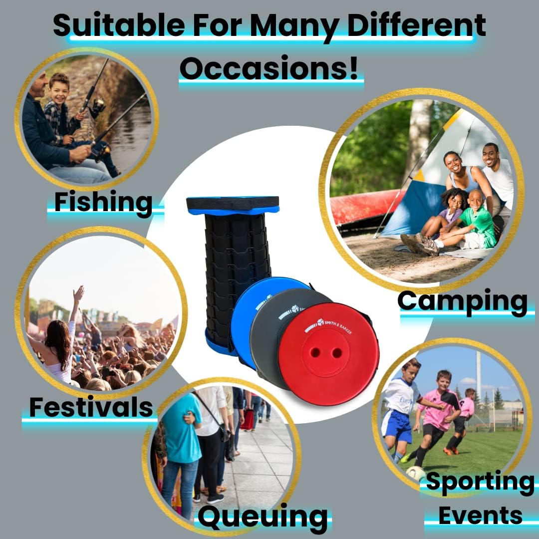 Smith & Barker Upgraded for 2025 Premium Telescopic Folding Stool for Adults and Children Outdoor Indoor Portable Collapsible Foldable Fishing Hiking Camping Festivals Seat (Black)