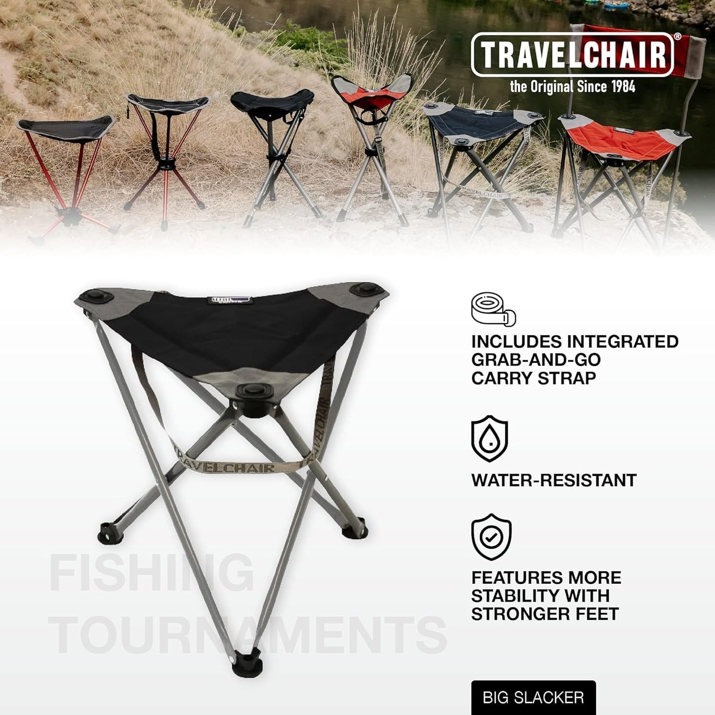Travel Chair Big Slacker Stool, Portable Tripod Chair for Outdoor Adventures, Quick Folding Fishing Camping Travel Stool, Black & Gray