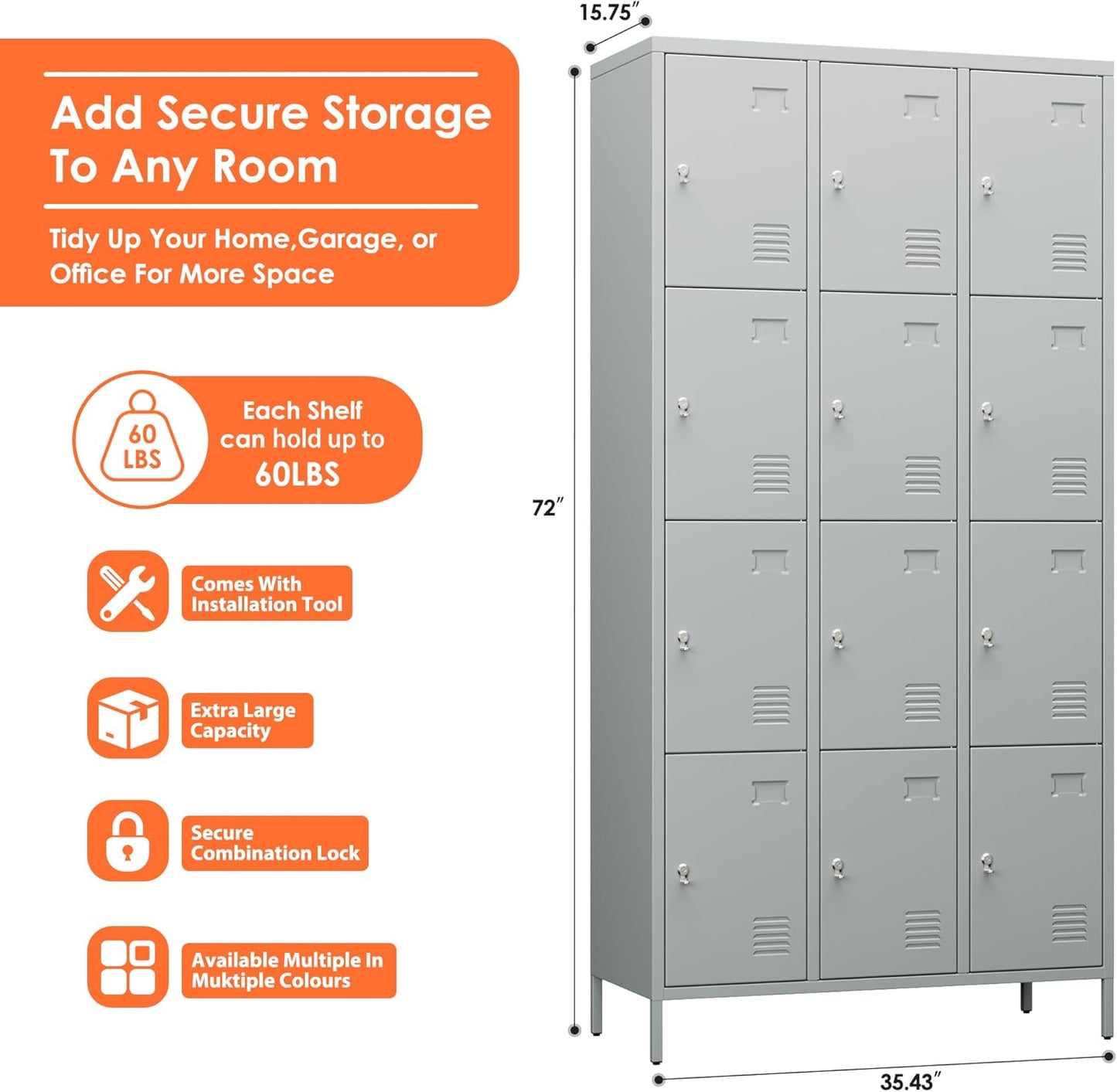 12 Doors Employee Lockers,Metal Storage Lockers for Employees with 12 Hooks for Offices School Gyms Home,Assembly Required,Light Gray