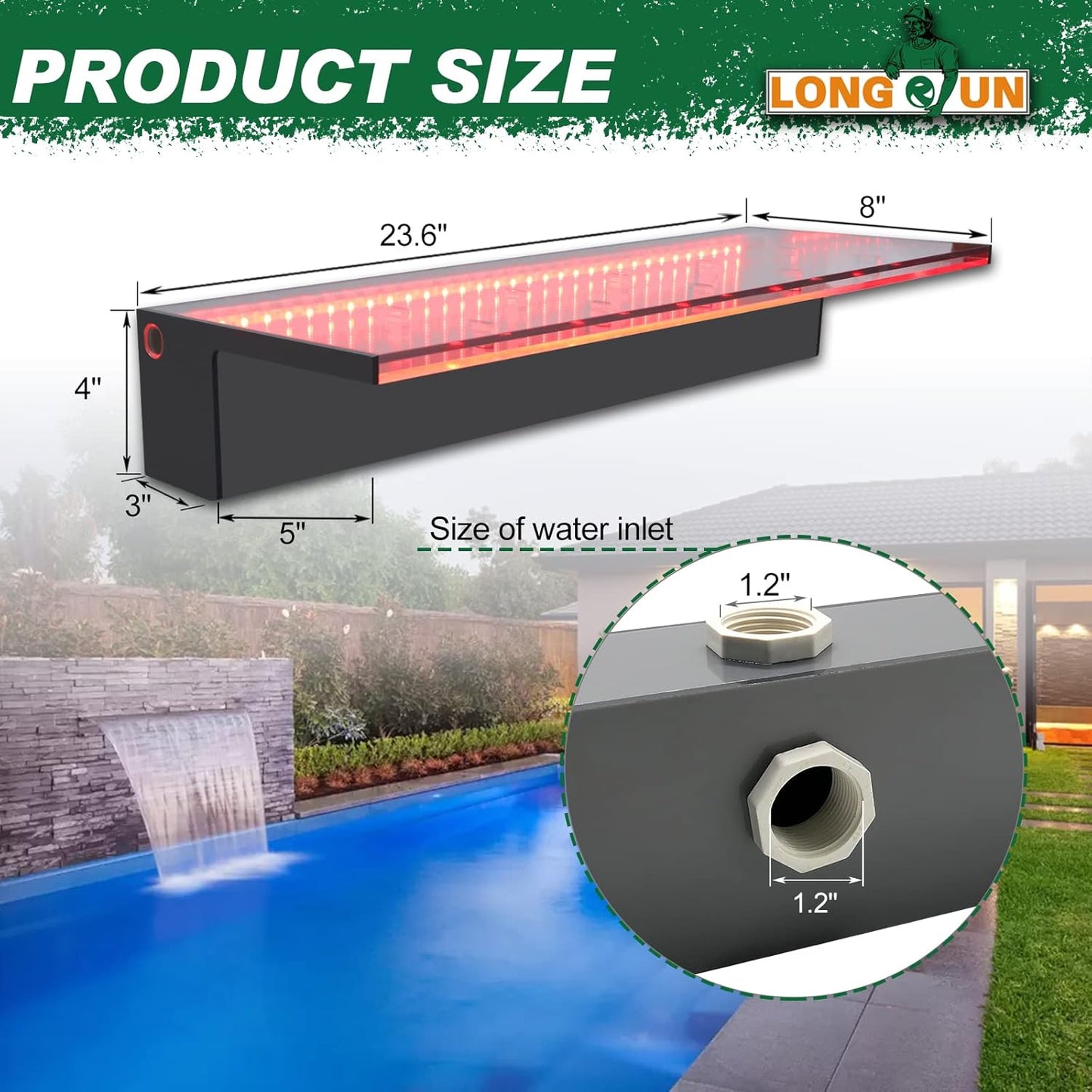 LONGRUN Waterfall Spillway Multi-Color LED Light Outdoor Pool Fountain, Acrylic Water Spillway Koi Pond Waterfalls Fountains Kit for Garden Koi Ponds Patio Swimming Pool Decoration-23.6"