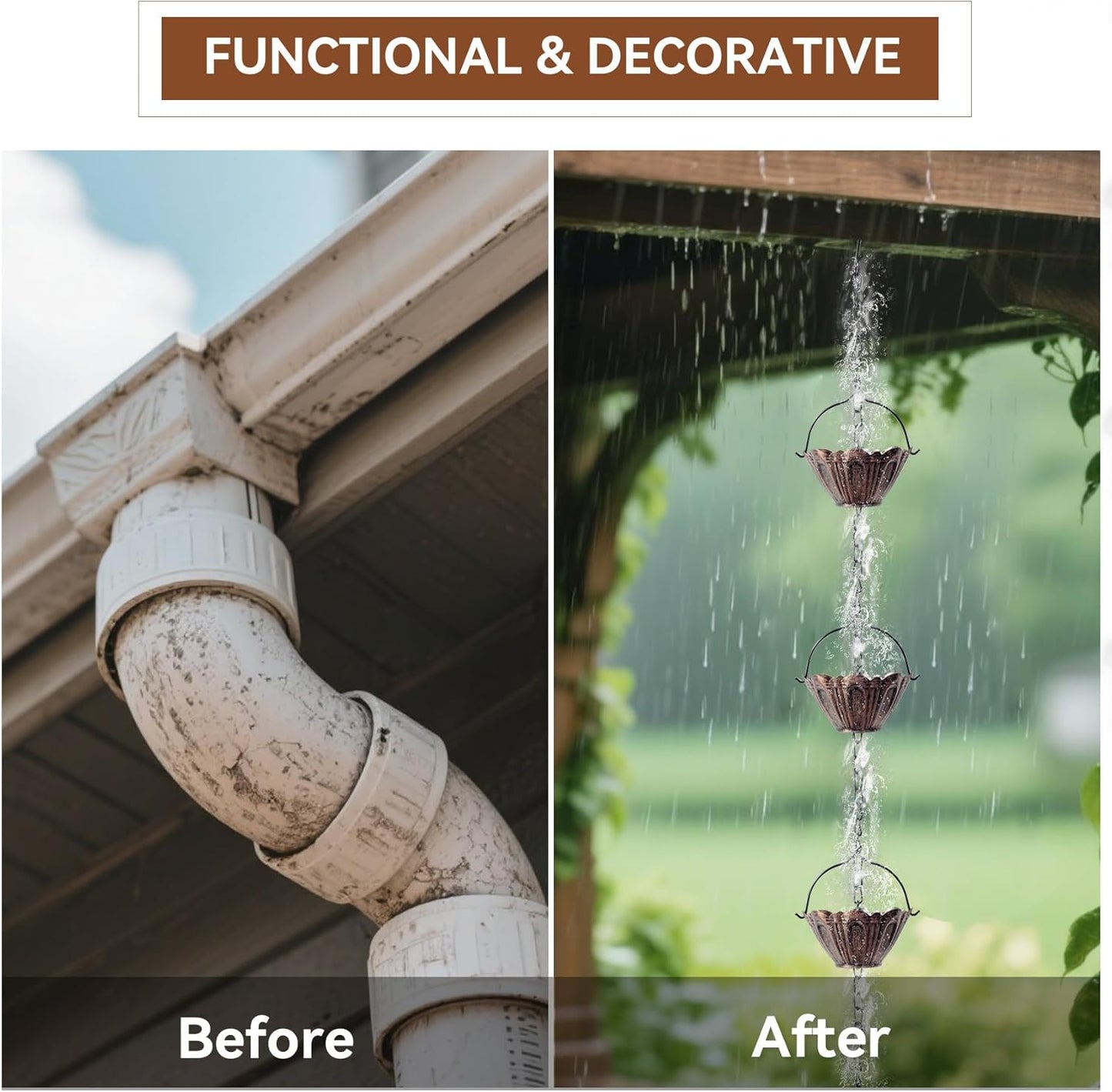 Copper Lotus Rain Chain 8.7 FT, Decorative Metal Rain Catcher with 12 Cups, Gutter Downspout Replacement