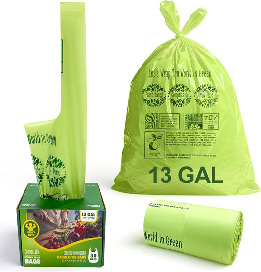 10-13 Gallon Compostable Trash Bags Handle-Tie, Heavy Duty Thick 0.87 Mil, 49.21 Liter, 30 Bags, Tall Kitchen Food Scrap Waste Bag, ASTM D6400, US BPI and OK Compost Home Certified