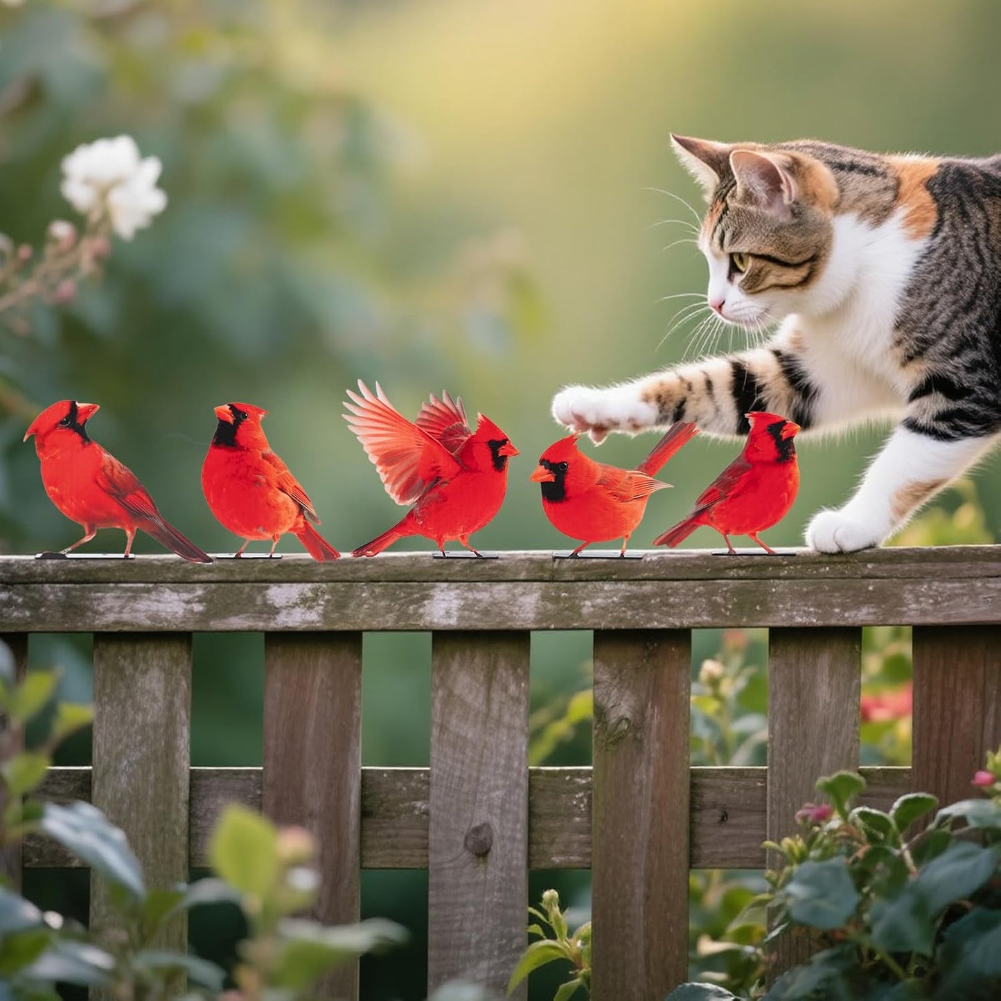 HUYIENO 5PCS Vivid Metal Birds Fence Decor Color Painted Outdoor Garden Natural Bird 2D Sculptures for Outdoor Fences, Patio, Garden and Bird Lovers (Cardinal)