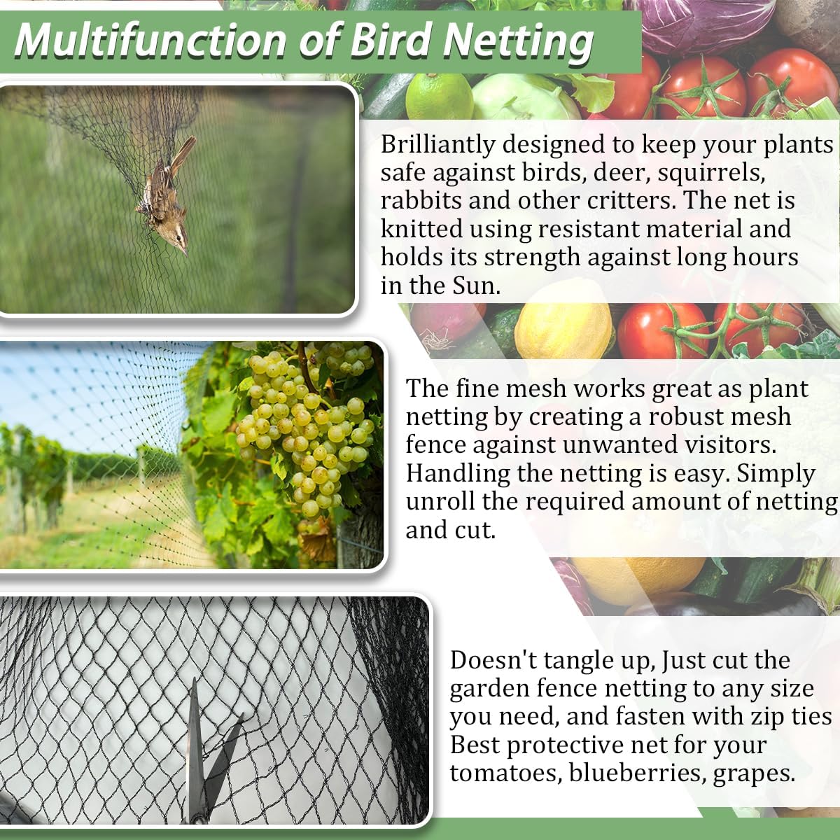 Bird Netting，7.5 x 65 FT Garden Netting Bird Net for Chicken Coop, Poultry Netting Fence for Fruit Trees, Plants and Vegetables Against Birds, Deer, Squirrels and Other Animals