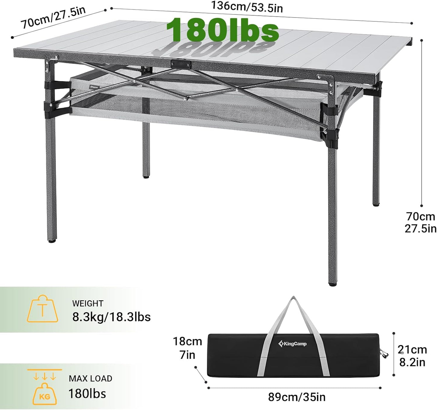 KingCamp Folding Camping Table, Aluminum Roll-Up Camp Table, Large Foldable Table for 6-8 Person, Outdoor Portable Tables with Carry Bag, 180 LBS Heavy Duty Load (Silver+Mesh：53.5"x27.5")