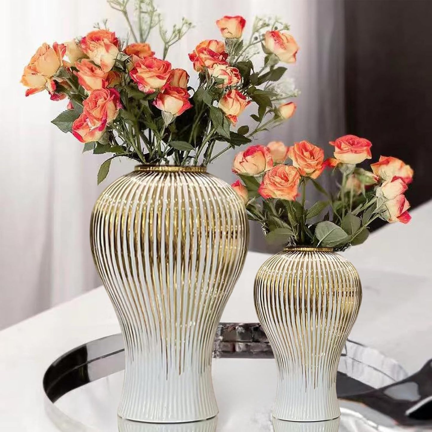 Ginger Jar, White Gold Ceramic Vase Large Handmade Porcelain Vases with Lid, White Gold Decorative Flower Vase for Home, Living Room, Weddings, Centerpieces (B-Large)