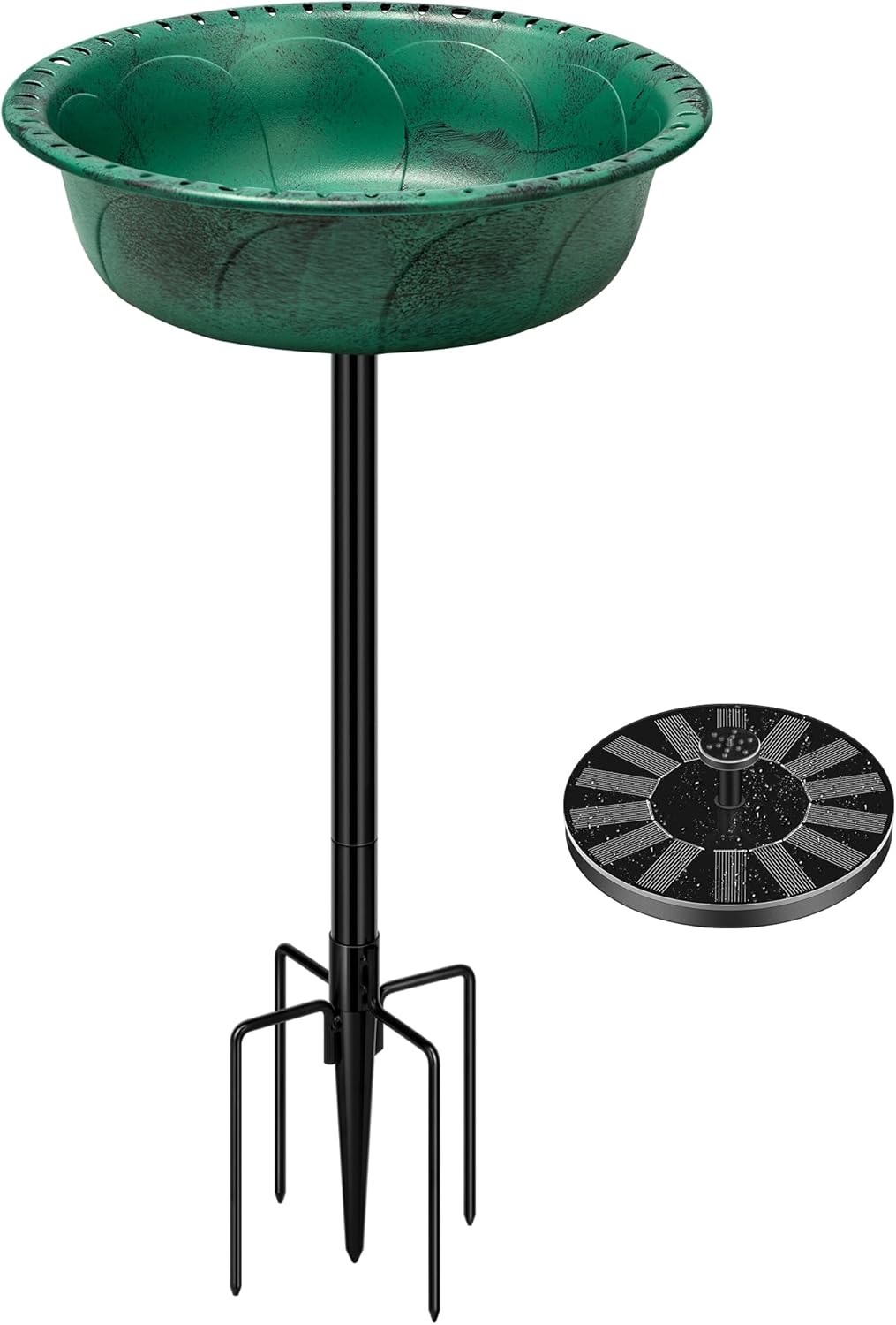 VIVOHOME Polyresin Bird Bath Bowl with Solar Fountain, 29 Inch Height Outdoor Freestanding Birdfeeder with Metal Stake, Capacity 1.4 Gallons, 5-Pronged Base, Green