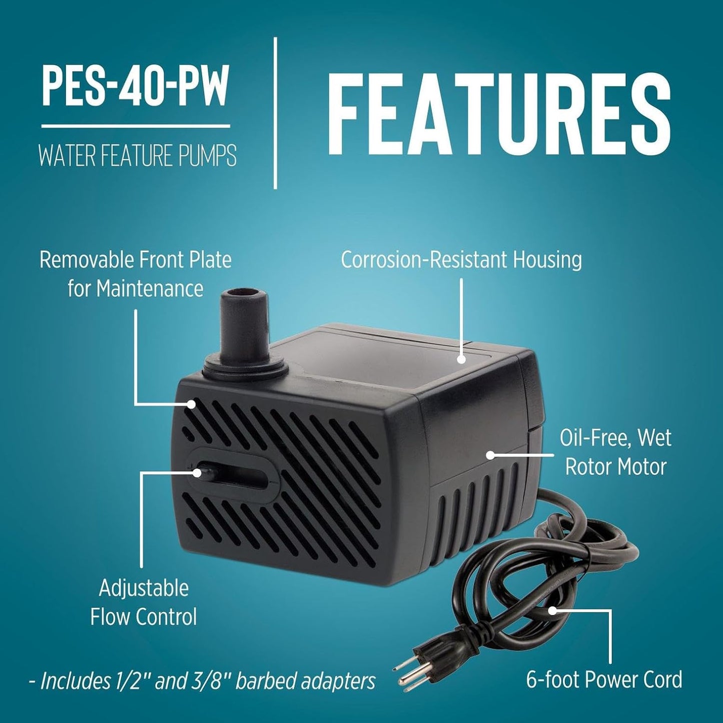 Little Giant PES-40-PW 115-Volt, 45 GPH Magnetic Drive Fountain Pump with 6-Ft. Cord, Black, 566713