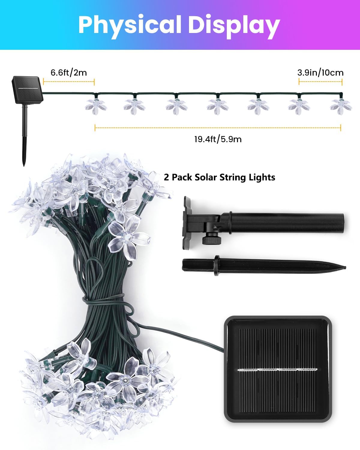 Brightown 2 Pack Total 52FT 120 LED Flower Solar String Lights Outdoor Waterproof Fairy Lights for Garden Yard Fence Patio Christmas Tree Wedding Party Decor, Multicolor
