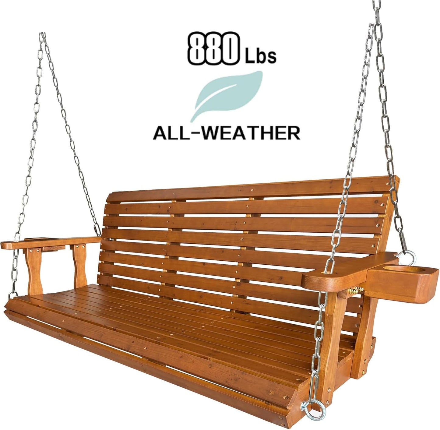 Wooden Porch Swing 2-Seater, Bench Swing with Cupholders, Hanging Chains and 7mm Springs, Heavy Duty 800 LBS, for Outdoor Patio Garden (Warm Teak Color, 5 FT Extra Large)