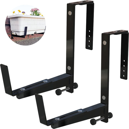 Window Box Brackets for Railing- 2 Pcs Adjustable Planter - Sturdy, Stable Flower Box Brackets for Railings, Balconies and Fences- Upright Railing Plant Holder (Black 2 Pack)