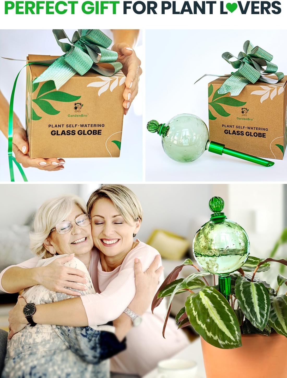 16 Oz Plant Watering Globes for Indoor Plants with Metal Self Watering Planter Insert - Premium XL Glass Hand-Blown Globe - Automatic Plant Waterer Indoor, Gift Idea for Gardeners [1 Globe, Green]