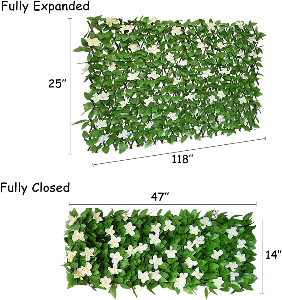 Expandable Fence Privacy Screen for Balcony Patio Outdoor,Decorative Faux Ivy Fencing Panel,Artificial Hedges (Single Sided Leaves) (4, White Flowers)
