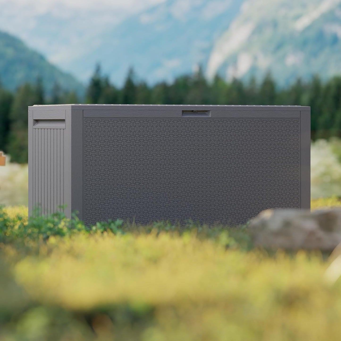 90 Gallon Outdoor Storage Box, Lockable Package Outside Storage Box Waterproof, Patio Cushions Deck Storage Boxes, Rattan Plastic Garden Hose Containers Resin Pool Storage Bins with lids, Grey